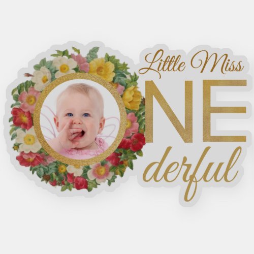 Miss Onederful Photo in Rose Wreath First Birthday Sticker