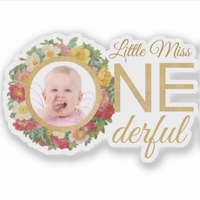 Miss Onederful Photo in Rose Wreath First Birthday Sticker (Front)