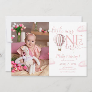 Miss Onederful Pink Air Balloon Photo 1st Birthday Invitation