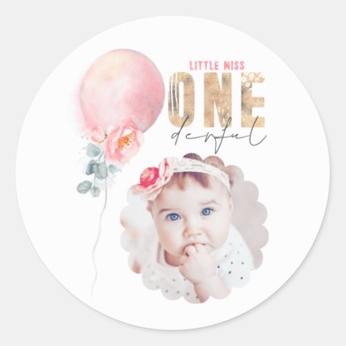 Miss Onederful Pink Balloon 1st Birthday Photo Classic Round Sticker