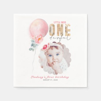 Miss Onederful Pink Balloon 1st Birthday Photo Napkins by lovelywow at Zazzle