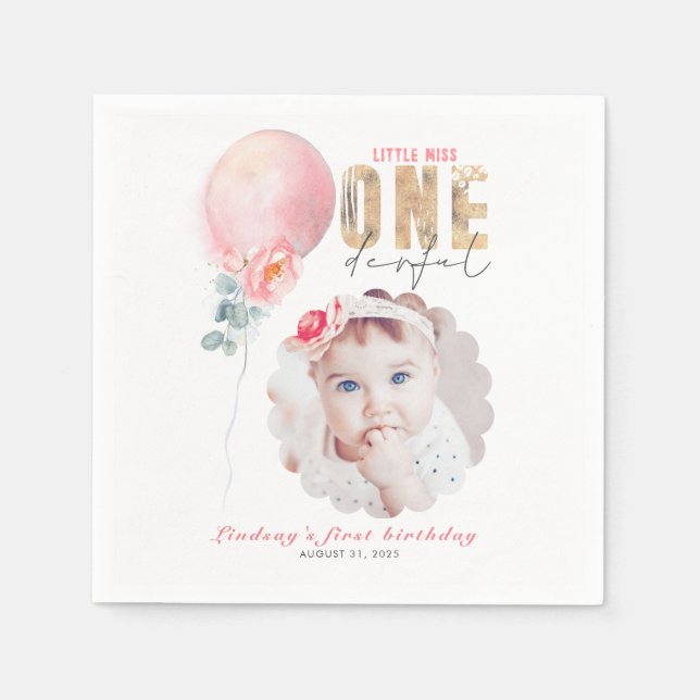 Miss Onederful Pink Balloon 1st Birthday Photo Napkins (Front)