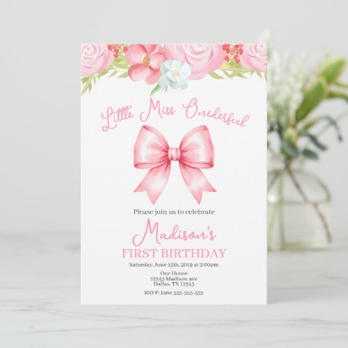 Miss Onederful Pink Bow First Birthday Invitation