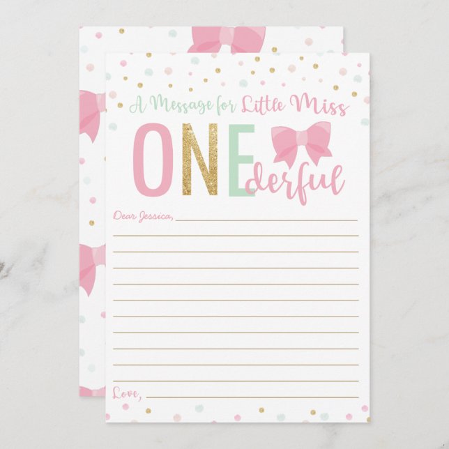 Miss ONEderful Pink Bow Time Capsule Message Card (Front/Back)