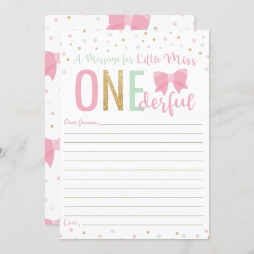 Miss ONEderful Pink Bow Time Capsule Message Card