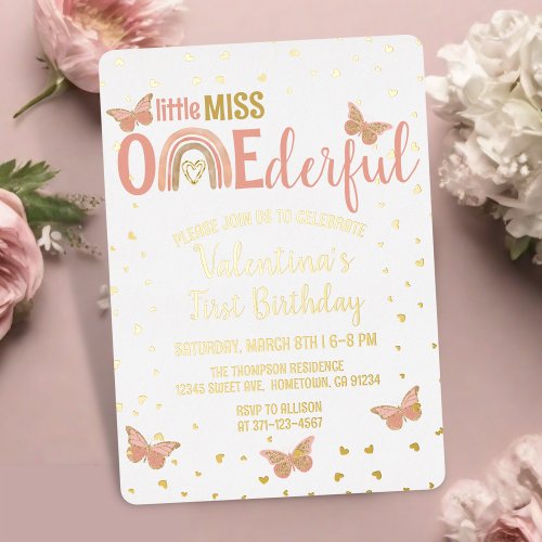 Miss ONEderful Pink Butterflies Girl 1st Birthday Foil Invitation