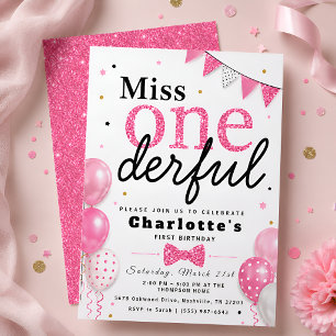 Miss ONEderful Pink Glitter Bow 1st Birthday Party Invitation