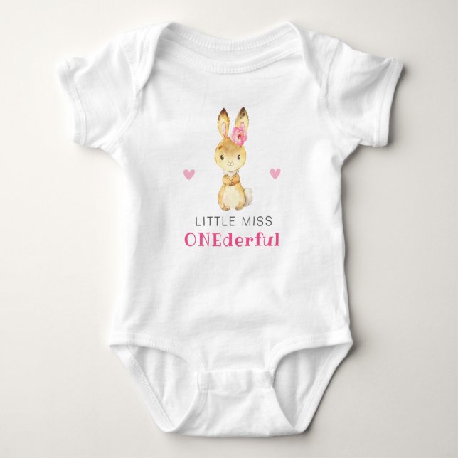 Miss Onederful Sweet Bunny First 1st Birthday Girl Baby Bodysuit (Front)