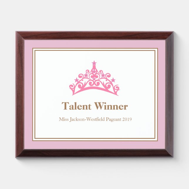 Miss Pageant Pink Tiara Crown Wood Awards Plaque (Horizontal)
