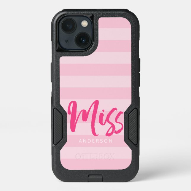 Miss Preppy Pink Stripes Personalize with Name Otterbox iPhone Case (Back)