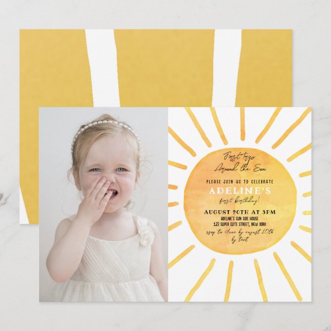 Miss Sunshine Watercolor 1st Birthday Photo  Invitation (Front/Back)