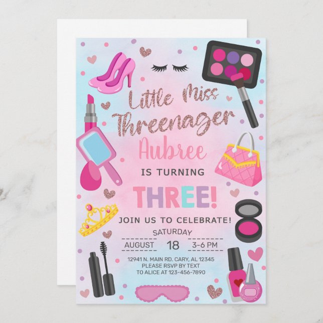 Miss Threenager girl 3rd third birthday invitation (Front/Back)