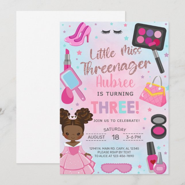 Miss Threenager girl 3rd third birthday invitation (Front/Back)