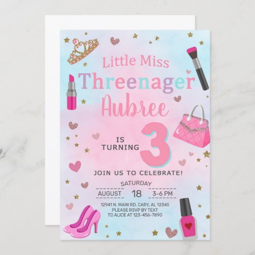 Miss Threenager girl 3rd third birthday invitation