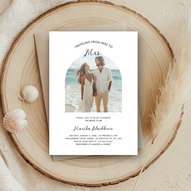 Miss to Mrs. Beach Arch Photo Cheap Bridal Shower Invitation (Creator Uploaded)