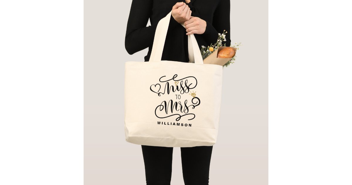 Miss To Mrs, Black & Gold Marriage Heart & Ring Large Tote Bag