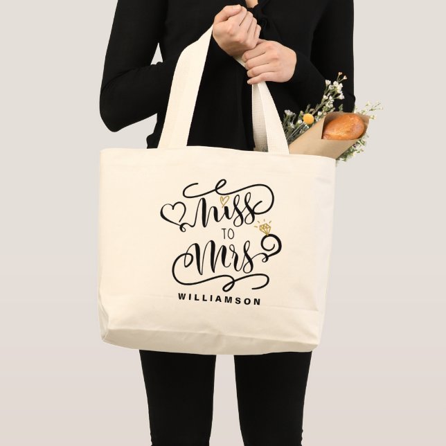 Miss To Mrs | Black & Gold Marriage Heart & Ring Large Tote Bag (Front (Product))