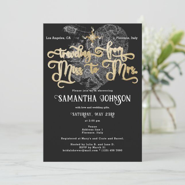 Miss to Mrs Black ♥ Heart Map Travel Bridal Shower Invitation (Standing Front)