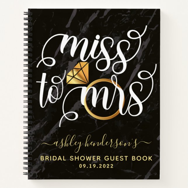 Miss To Mrs Black Marble Bridal Shower Guest Book (Front)