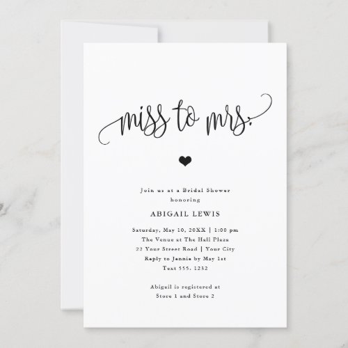 Miss to Mrs BlackWhite Bridal Shower Invitation