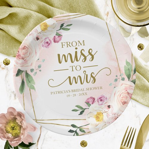 Miss to Mrs Blush Floral Geometric Bridal Shower Paper Plates