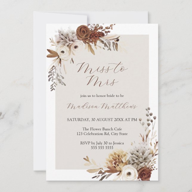 Miss to Mrs Boho Floral Bridal Shower Invitation (Front)