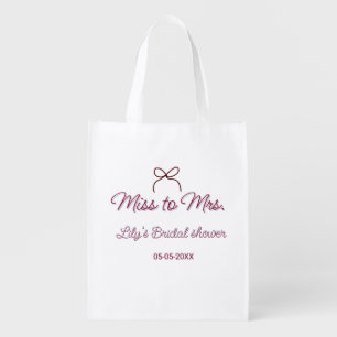 Miss to Mrs bridal shower add name date year bow Grocery Bag