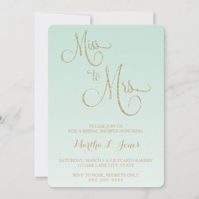 Miss to Mrs bridal shower invitation gold mint fad (Front)