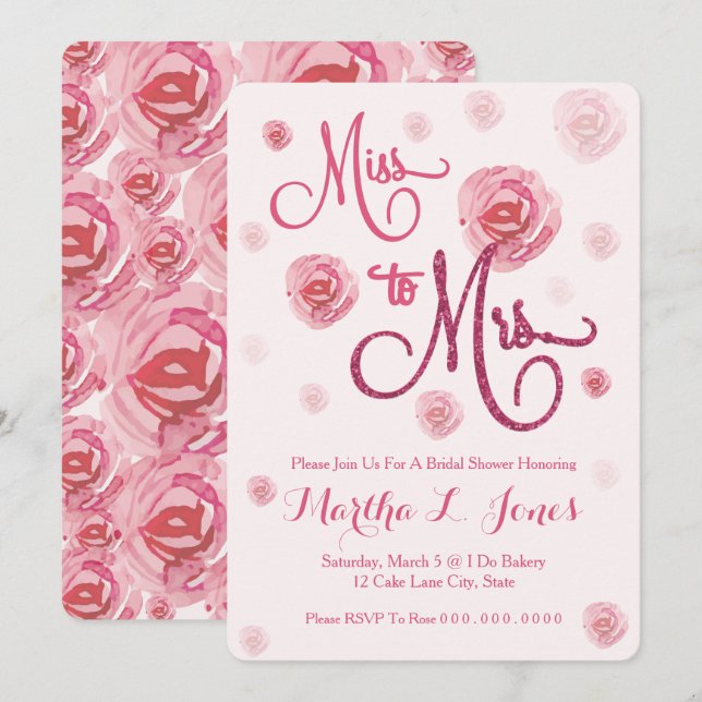 Miss to Mrs bridal shower invitation Pink Roses (Front/Back)