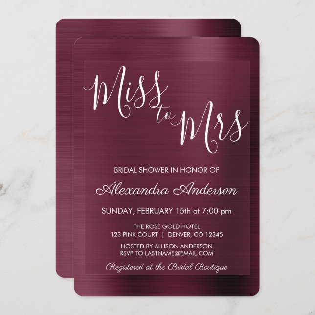 Miss to Mrs Burgundy Bridal Shower Invitation (Front/Back)