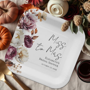 Miss To Mrs   Burgundy Fall Bridal Shower Paper Plates