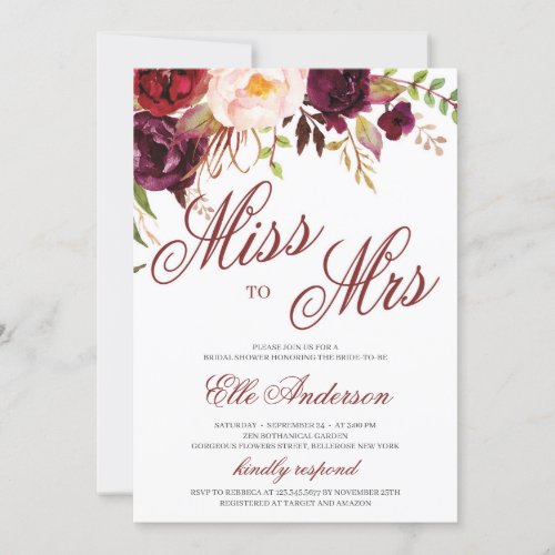 Miss to Mrs burgundy floral boho bridal shower Invitation