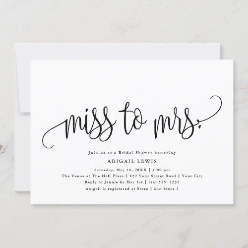 Miss to Mrs Calligraphy BlackWhite Bridal Shower Invitation