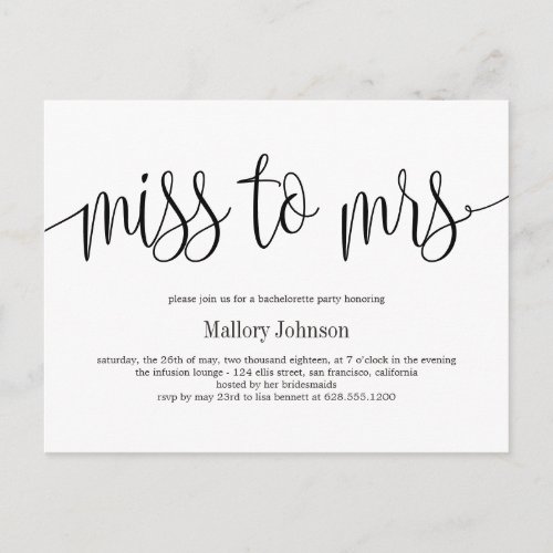 Miss To Mrs Calligraphy Wedding Shower Invitation Postcard