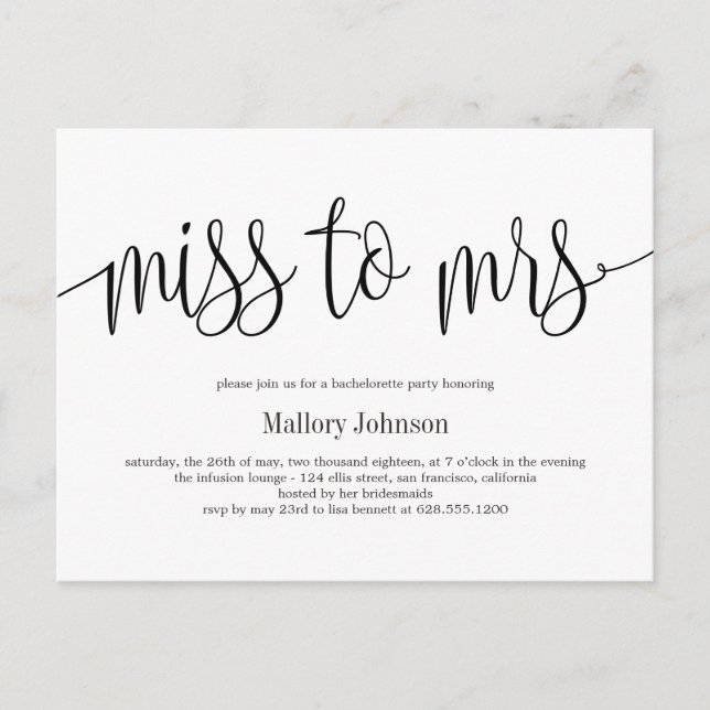 Miss To Mrs Calligraphy Wedding Shower Invitation Postcard (Front)