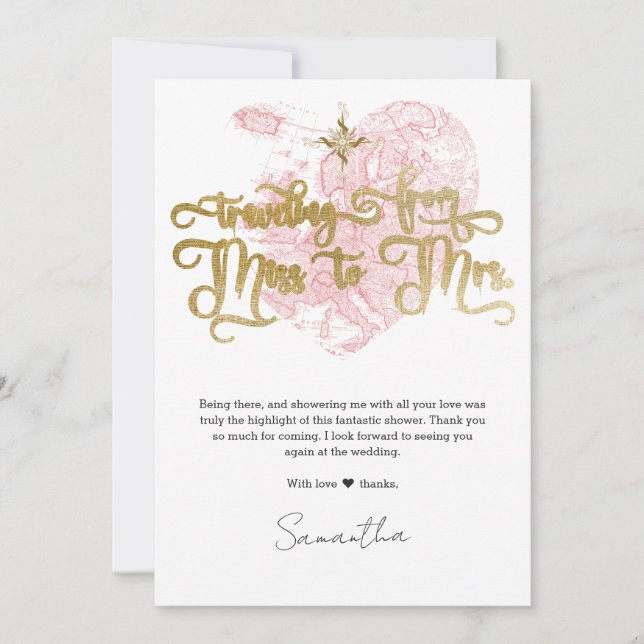Miss to Mrs Chic Heart Map Travel Bridal Shower Thank You Card (Front)