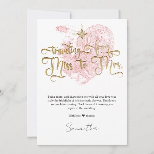 Miss to Mrs Chic Heart Map Travel Bridal Shower Thank You Card