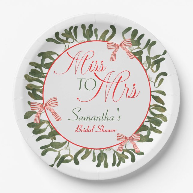 Miss to Mrs. Coquette Mistletoe Bridal Shower  Paper Plates (Front)