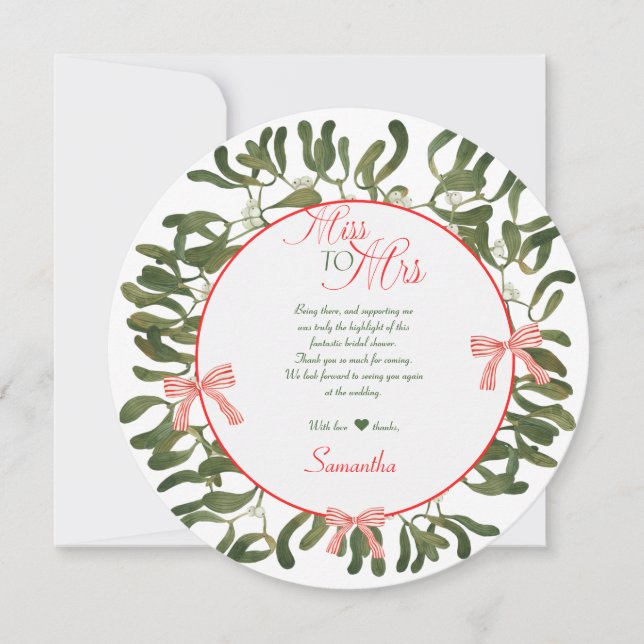 Miss to Mrs. Coquette Mistletoe Bridal Shower  Thank You Card (Front)