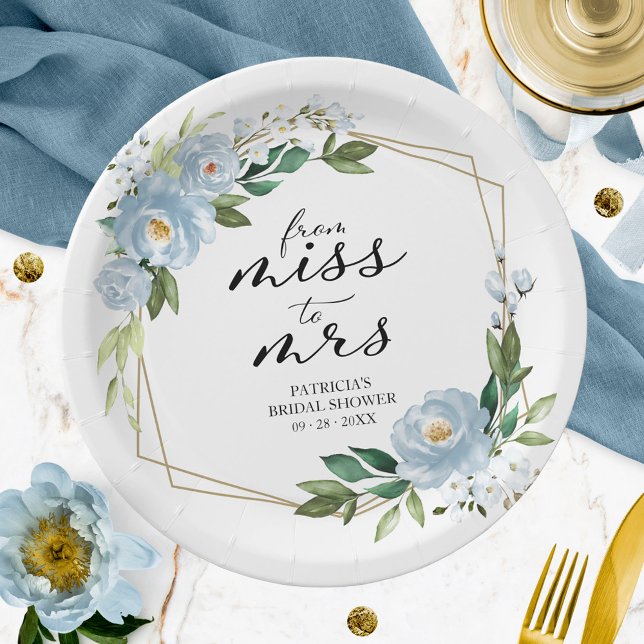 Miss to Mrs Dusty Blue Geometric Bridal Shower Paper Plates (Creator Uploaded)