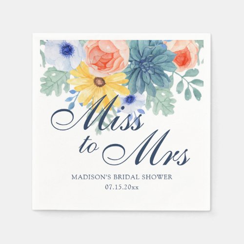 Miss To Mrs Floral Succulent Macaron Bridal Shower Napkins