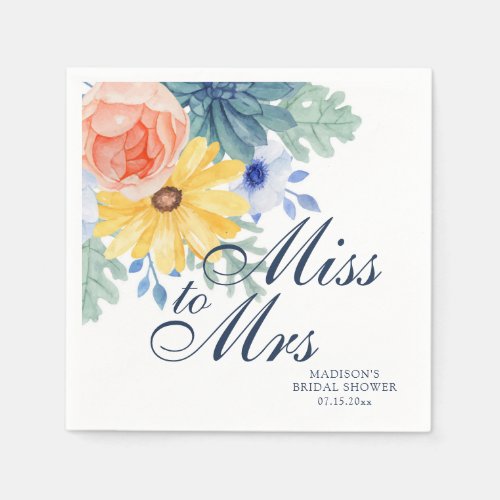Miss To Mrs Floral Succulent Macaron Bridal Shower Napkins