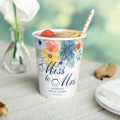 Miss To Mrs Floral Succulent Macaron Bridal Shower Paper Cups