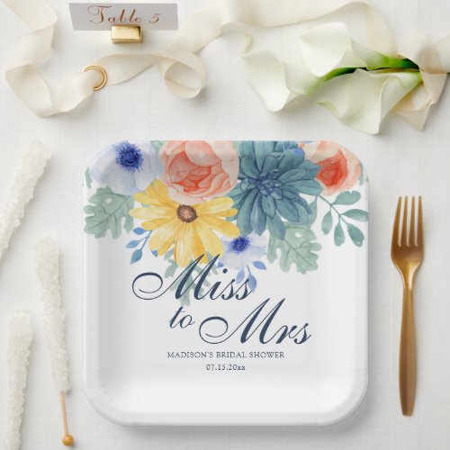 Miss To Mrs Floral Succulent Macaron Bridal Shower Paper Plates