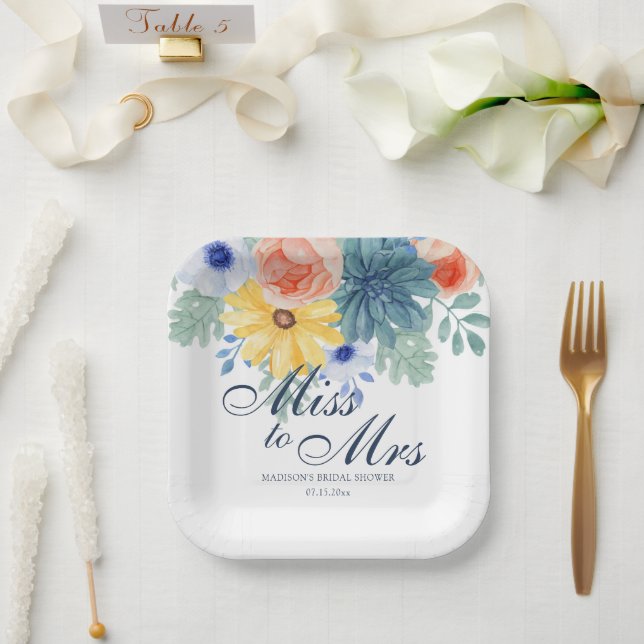 Miss To Mrs Floral Succulent Macaron Bridal Shower Paper Plates (Wedding)