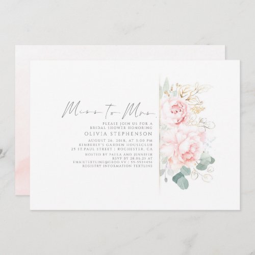 Miss to Mrs Gold and Pink Floral Bridal Shower Invitation