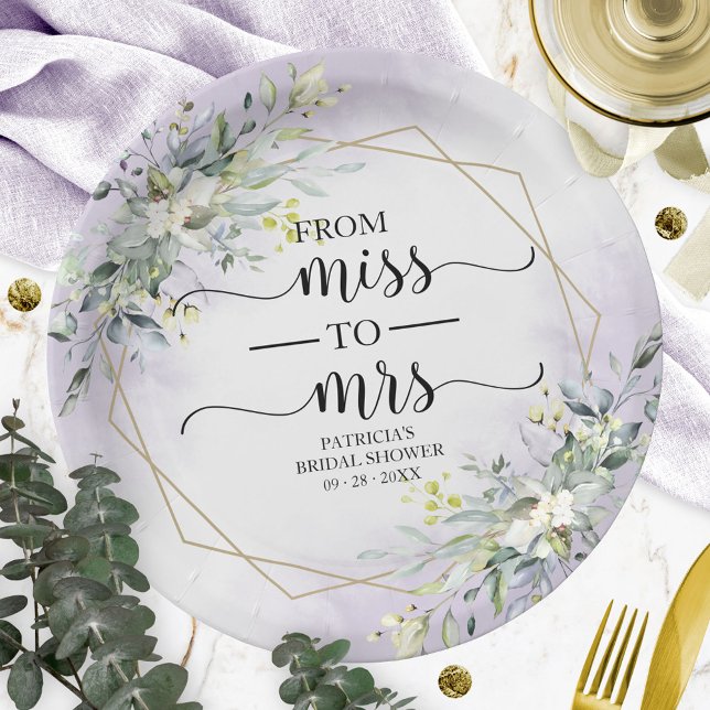 Miss to Mrs Greenery Geometric Bridal Shower Paper Plates (Creator Uploaded)