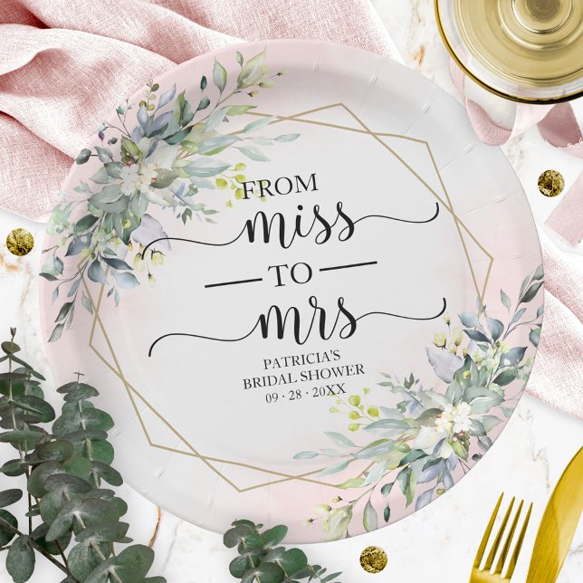 Miss to Mrs Greenery Geometric Bridal Shower Paper Plates (Creator Uploaded)