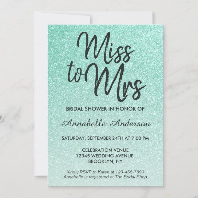 Miss to Mrs Mint Green Gold Glitter Bridal Shower Invitation (Front)