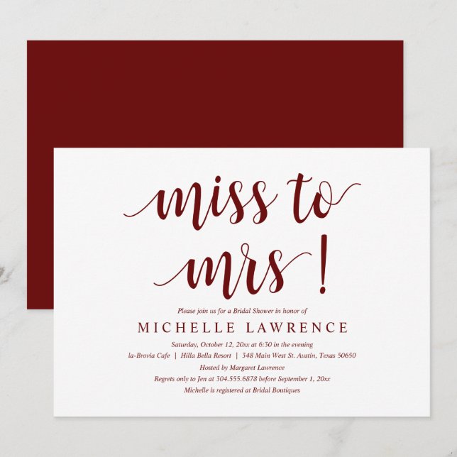 Miss to Mrs, Modern Bridal Shower Invitation (Front/Back)